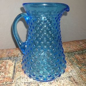Vintage small dark aqua blue hobnail pitcher